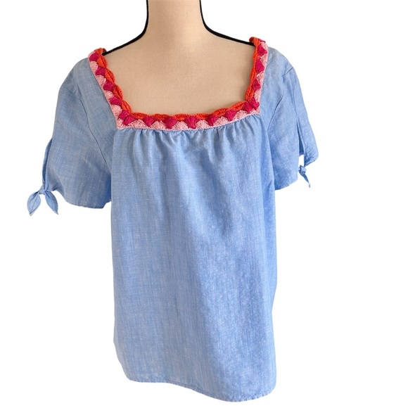 Talbots Blue Linen Top Crochet Trim Pink Coral Short Tie Sleeve Blouse size 2XP - Picture 1 of 16